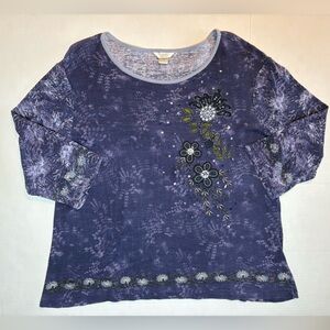 Purple 100% cotton 3/4 sleeve floral print blouse with embroidery & bead accent